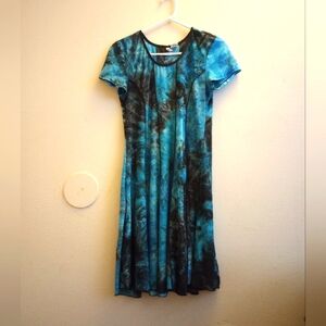 Sami & Jo Teal Gray and Black Tie Dye Y2K Short Sleeve Flare Dress Size Medium